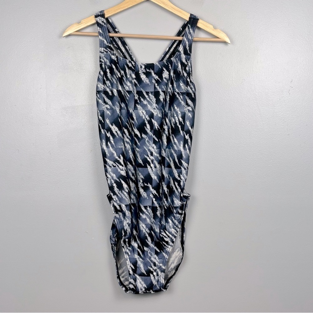Speedo blue black & white racerback one piece swimsuit, size US 16.